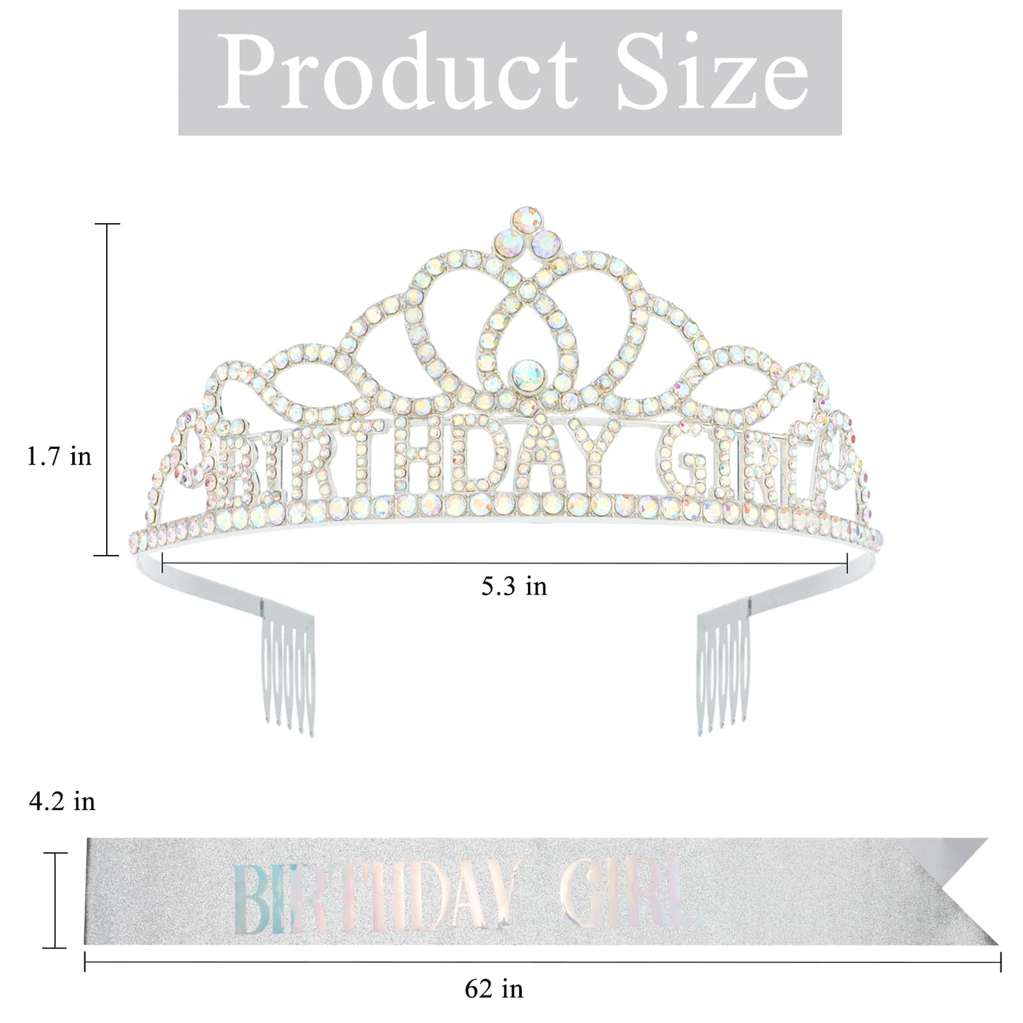 KICOSY Birthday Crown and Sashes for Women Princess Tiara Headband Elegant Sliver Crown for Girls Birthday Headpieces Hair Accessories Rhinestone Decoration Gifts Aurora Borealis Crystal Tiaras