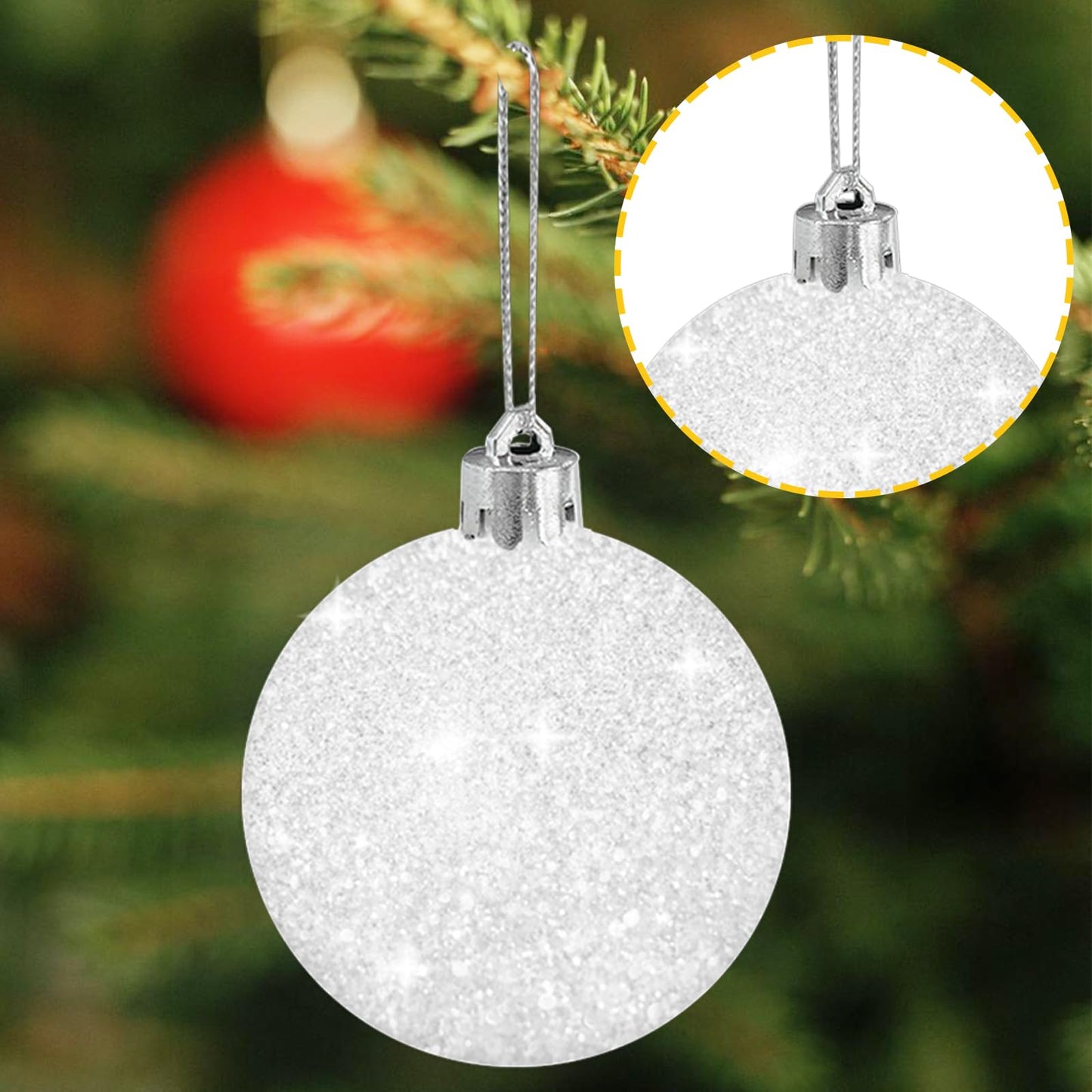 24 Pcs White Christmas Glitter Ball Ornaments Set,Glitter Sparkly Snowballs,Plastic Xmas Hanging Ornaments Decorations for Christams Tree,Wedding Party Supplies,60mm/2.36inch