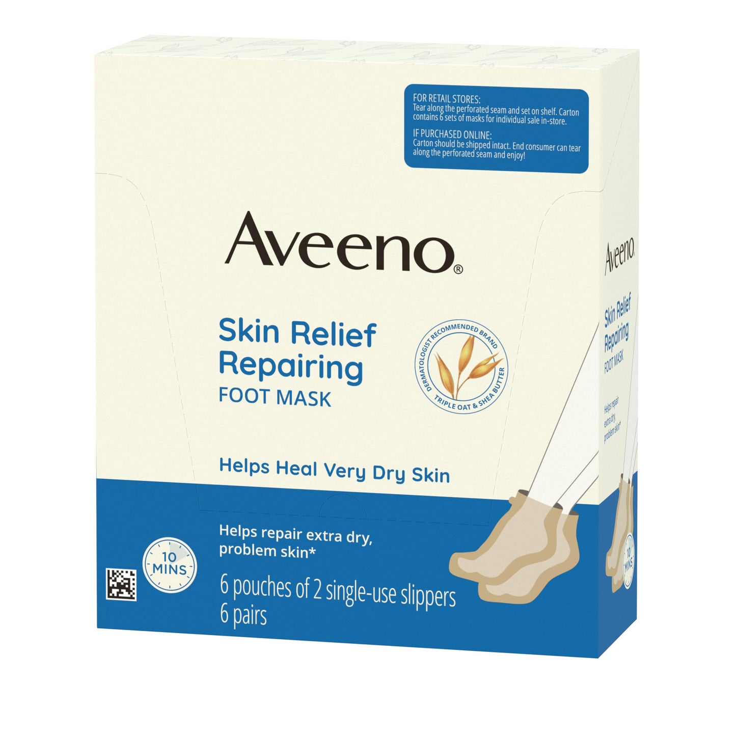 Aveeno Skin Relief Repairing Foot Mask, Moisturizing Socks with Prebiotic Oat & Shea Butter for Very Dry Skin, Foot Care for Sensitive Skin, Fragrance-Free, Value Pack, 6 Pairs of Single-Use Slippers