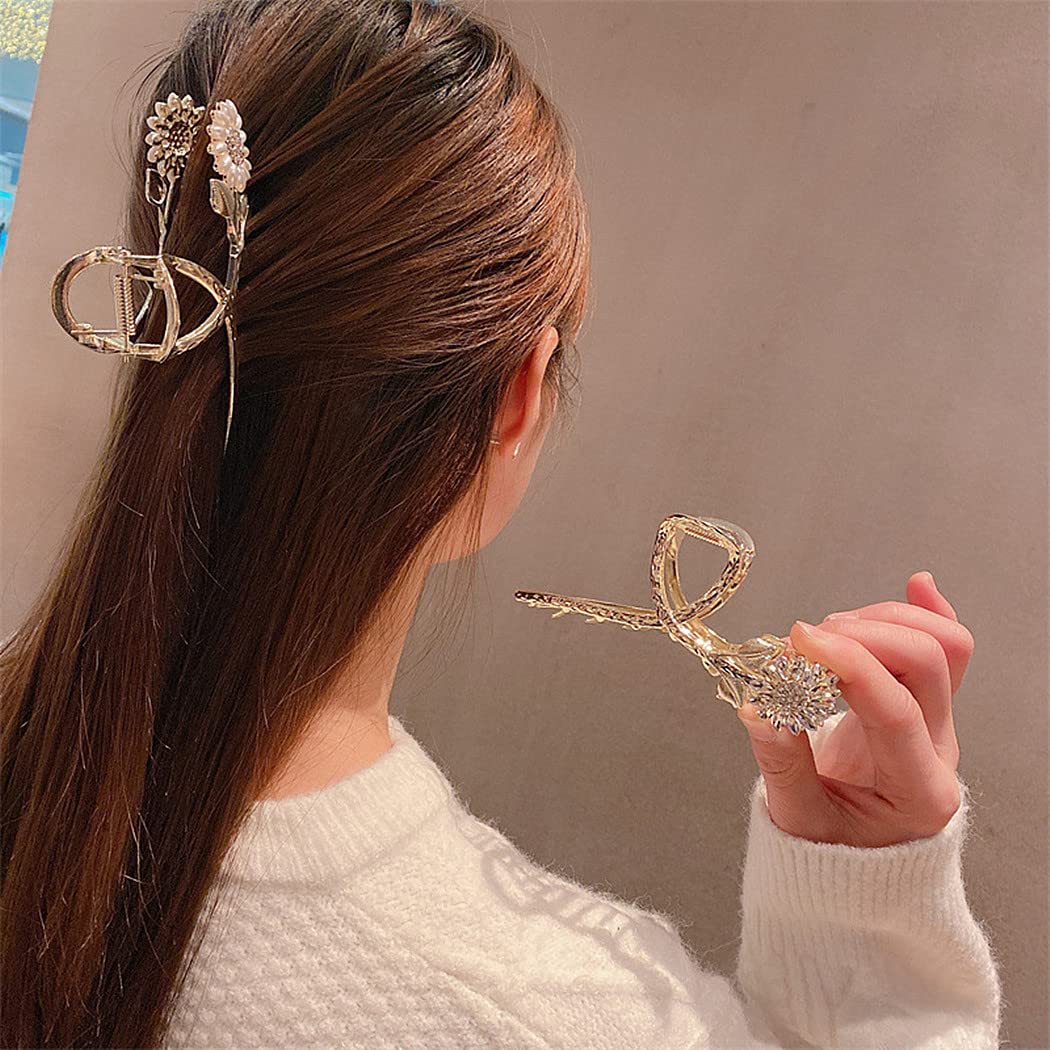 Large Metal Hair Claw Clips for Women, Sinide 3 Pack Sunflower Shaped Rhinestone Imitation Pearl Hair Barrettes Nonslip Hair Clamps Accessories for Thin Thick Curly, Hair Styling for Ladies Girls