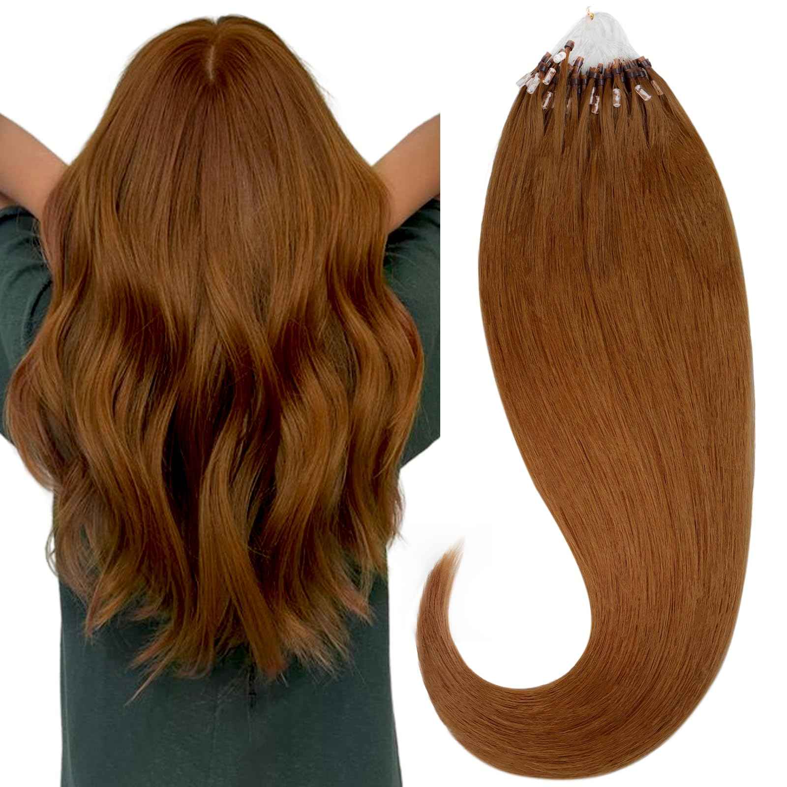 HOTBANANA Micro Ring Hair Extensions, 14 inch 50g 50s Copper Micro Beads Link Straight Real Human Hair Extensions