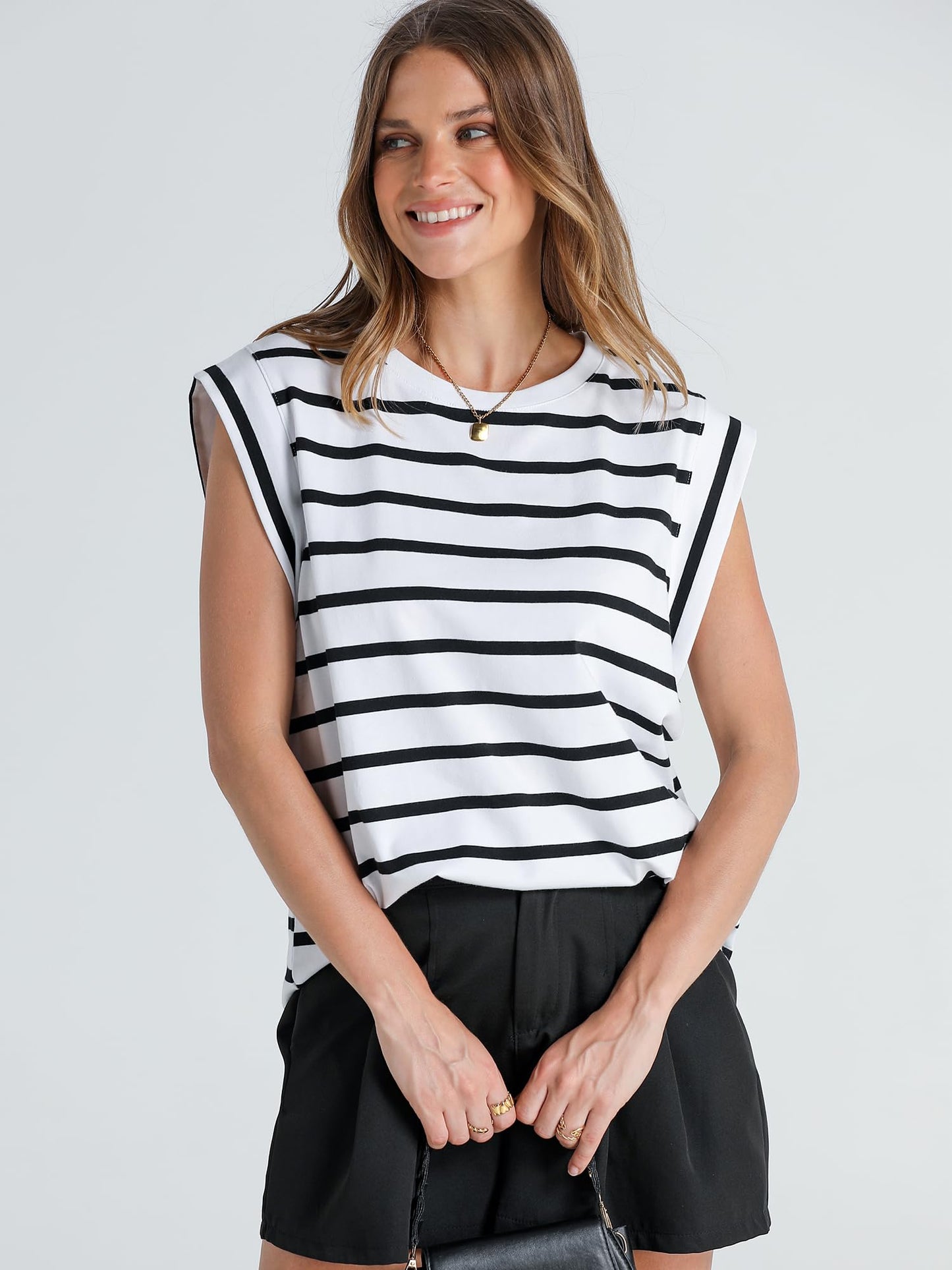 WIHOLL Summer Tops for Women 2024 Dressy Casual Black and White Striped Shirt Cute Clothes Cap Sleeve T Shirts Spring Outfits Tank Top Trendy S