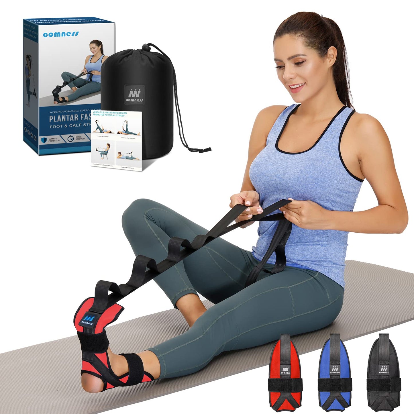 comness Foot and Calf Stretcher-Stretching Strap For Plantar Fasciitis, Heel Spurs, Foot Drop, Achilles Tendonitis & Hamstring. Yoga Foot & Leg Stretch Strap. (Red)