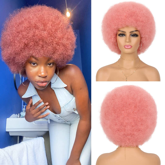 G&T Wig 70s Afro Curly Wigs for Black Women Short Pink Wig Afro Kinky Wig with Bangs for Daily Disco Party Use (97C)