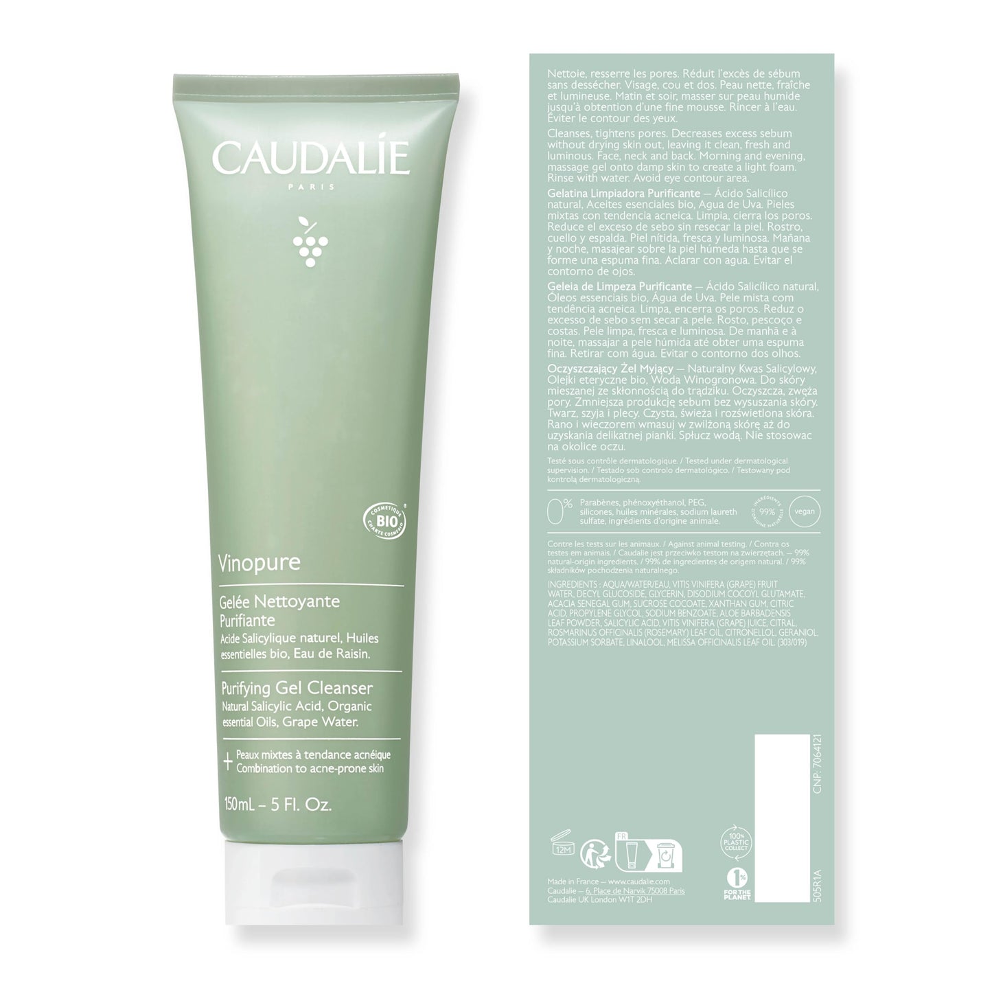 Caudalie Vinopure Pore Purifying Gel Cleanser with Natural Salicylic Acid, 5 Fl Oz