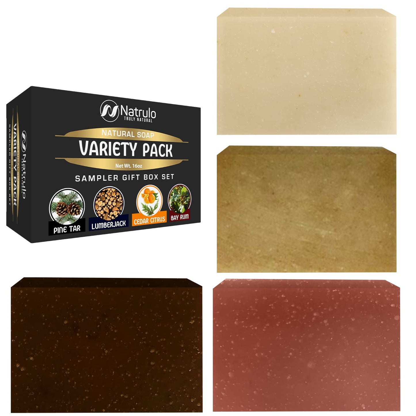 Men's Natural Soap Variety Pack Sampler Gift Box, Set of 4 Handmade Soap Bars - Scented Bar Soap for Men Face & Body Wash, Manly Soaps Gift Set for Him – Pine Tar, Alpine Sage, Cedar Citrus, Bay Rum