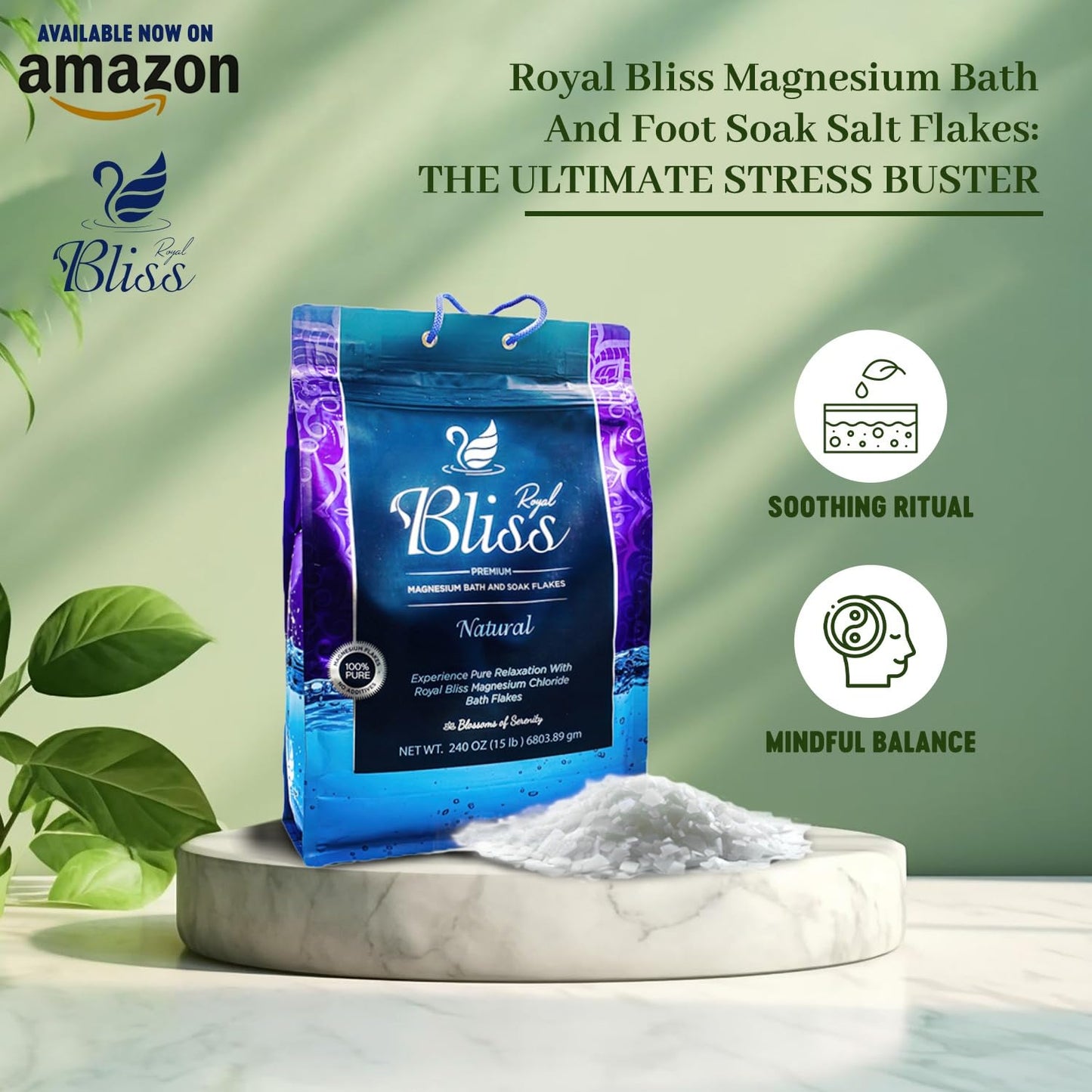 ROYAL BLISS Magnesium Flakes for Bath & Foot Soaks 15 LB | 100% Pure & Natural Magnesium Chloride | Unscented, Fast-Dissolving | Deep Relaxation, Muscle Recovery, Skin Therapy | Superior to Epsom Salt