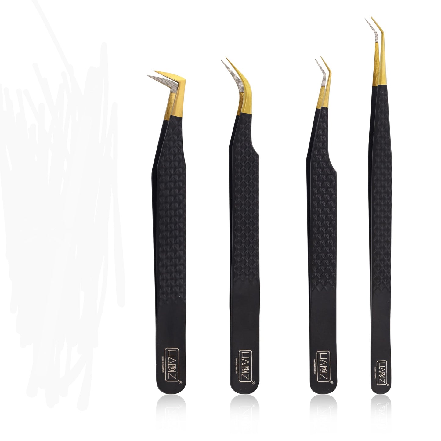 HADIZ Set of 4 Fiber Tip Diamond Grip Eyelash Extensions Tweezers Japanese Stainless Steel Lash Tweezer(Black)