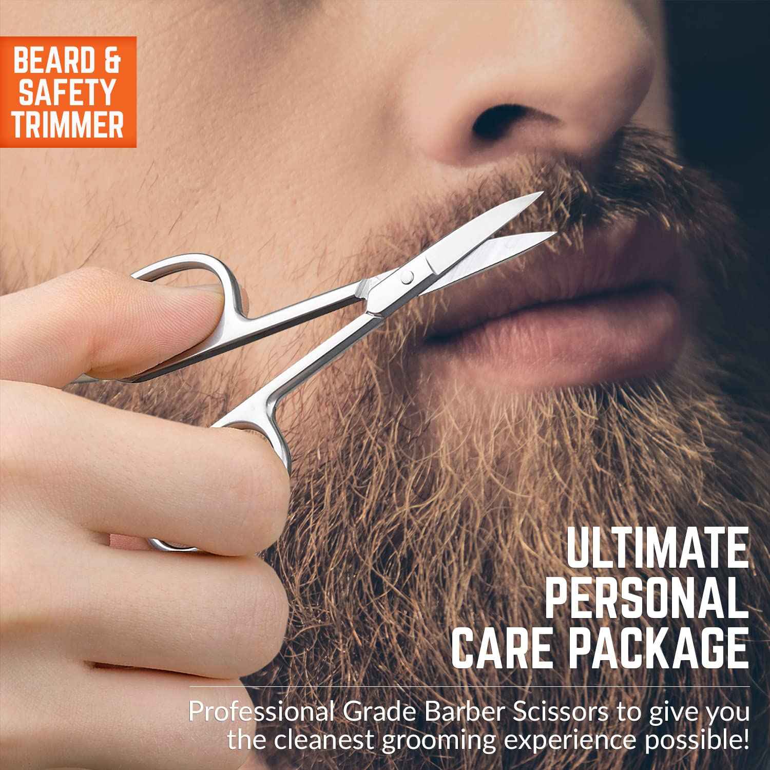 Stainless Steel Grooming Scissors - Eyebrow Scissor, Beard & Mustache Trimming Set, Small Curved & Rounded Tip Facial Hair Trimmer Kit for A Much Safer Ear, Nose Hair Clipper for Men & Travel Case