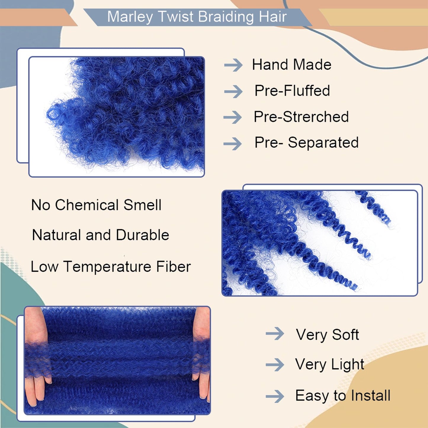 BAOTA Marley Hair 16 Inch 3 Packs Pre Separated Afro Twist Hair Blue Marley Twist Braiding Hair Wrapping Hair for Locs Pre Fluffed Cuban Twist Hair