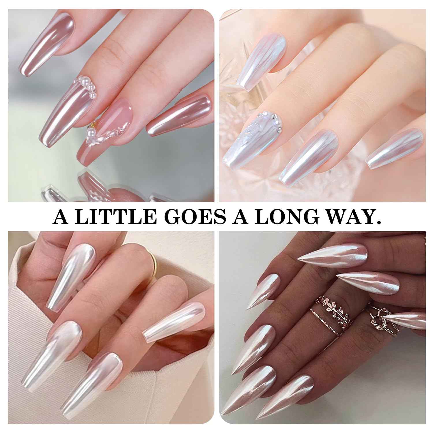 2Pcs White Pearl Chrome Nail Powder Super Glossy Metallic Mirror Effect, White Moonlight Unicorn Chrome Powder for Nails, Mermaid Glitter Pigment Powders for Gel Nail Polish Design 0.5g/Jar