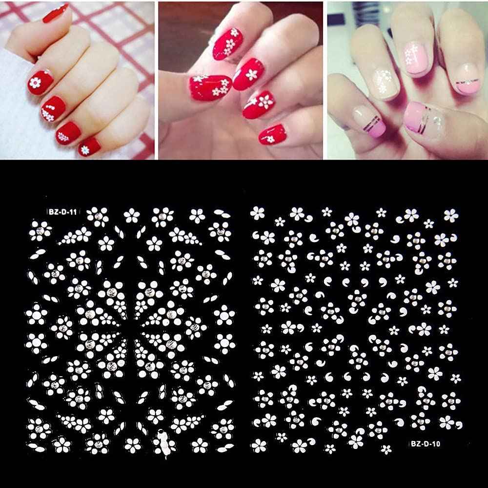 30 Sheets Flower Nail Art Stickers 3D Nail Art Supplies Self-Adhesive Nail Decals White Flower Stickers with Rhinestones Nail Designs for Women Floral Manicure Tips Accessories DIY Nail Decorations