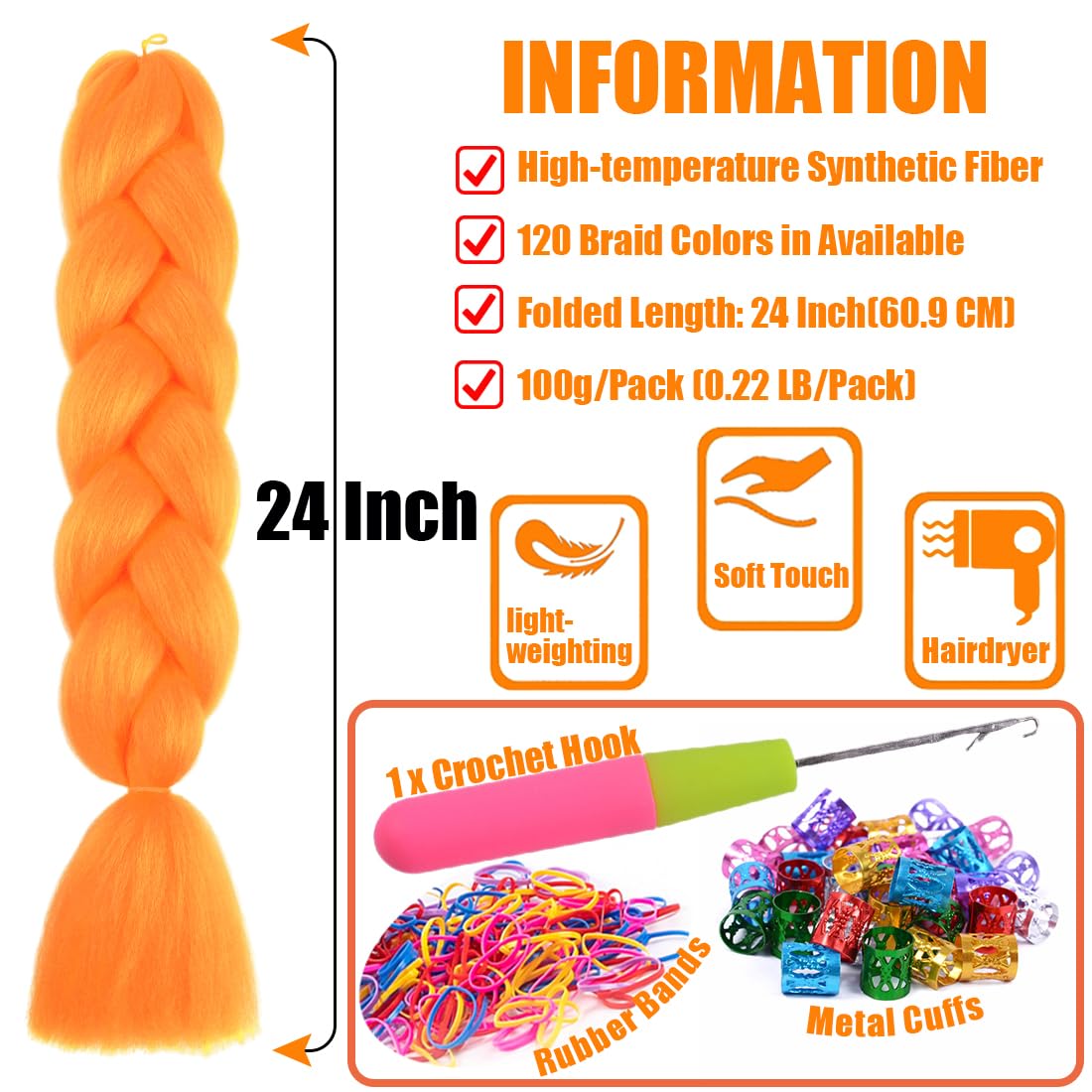 DOREN Jumbo Braiding Hair Extensions for Black Women Synthetic Crochet Braids Hair DIY Box Braids 100g/pc 3Packs/Lot(24Inch, A20 Tangerine Color)