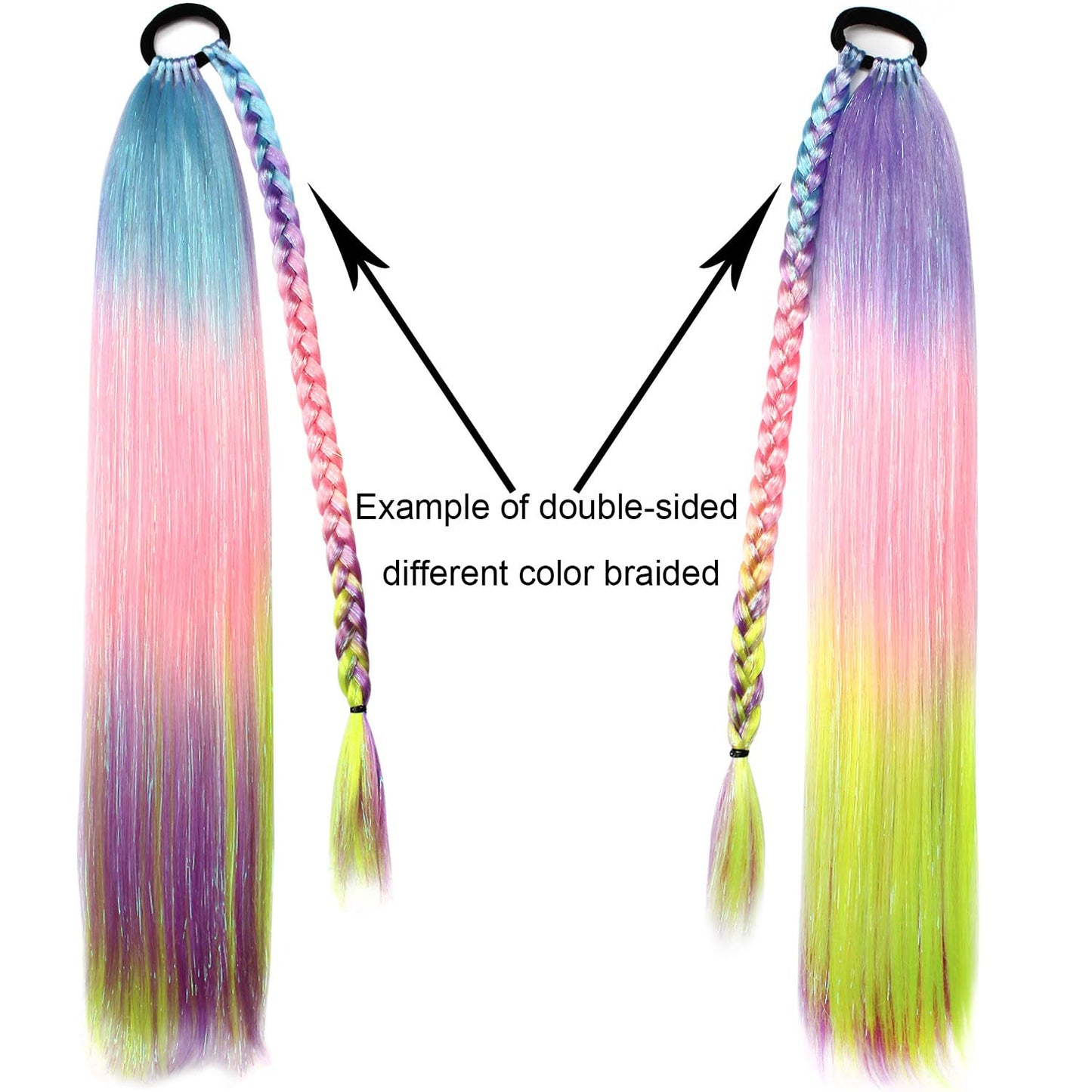 Accrue Colored Hair Extensions for Kids, 26 inch Ponytail Extension With Hair Tie, Ombre Braid Ponytail with Tinsel for Braids Rainbow Festival Party Rave Crazy Hair Day(26" Blue/Pink/Purple#3-2)