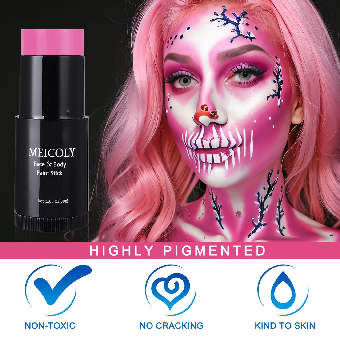 MEICOLY New Pink Halloween Face Paint Stick(1.06 Oz),Cream Blendable Full Body Paint Stick,Sweatproof Waterproof Face Body Paint Makeup Based Stick for Special Effects SFX Cosplay