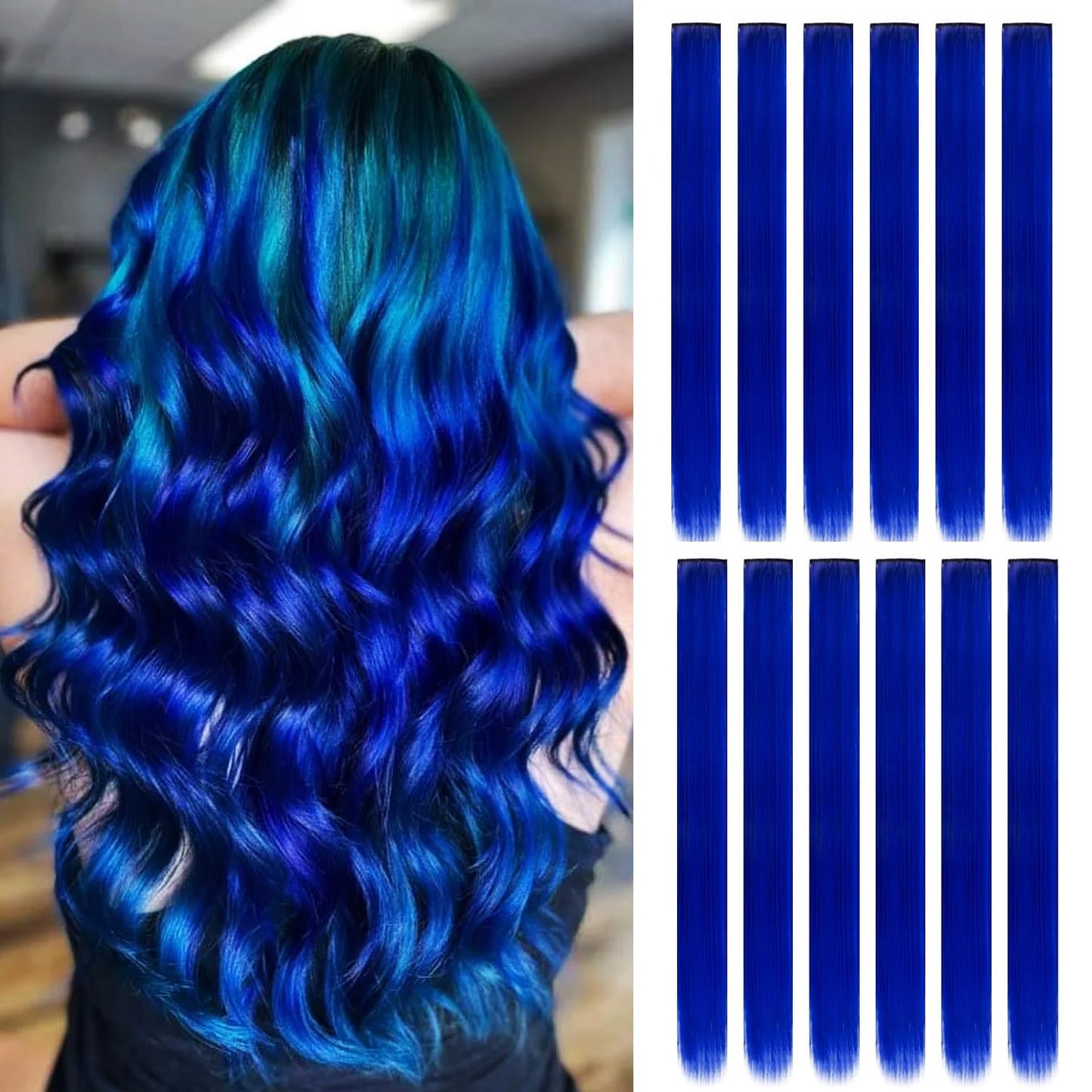 12 Pcs Colored Royal Blue Hair Extensions Multicolor Clip in Hair Extensions 22 inch Synthetic Straight Hair Extensions Party Highlights Hairpieces Christmas Birthday Gift for Kids （Blue）