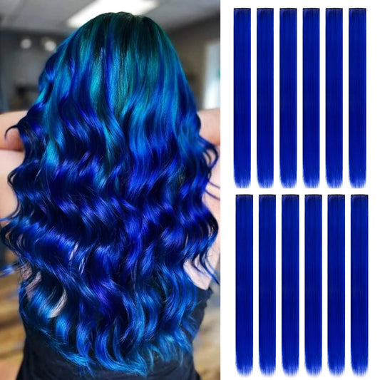 12 Pcs Colored Royal Blue Hair Extensions Multicolor Clip in Hair Extensions 22 inch Synthetic Straight Hair Extensions Party Highlights Hairpieces Christmas Birthday Gift for Kids （Blue）