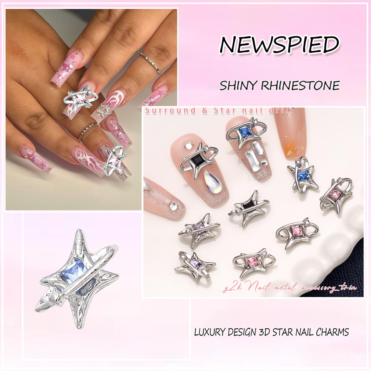 NEWSPIED Shiny Star Nail Charms 3D Alloy Crystal Nail Art Charms Y2k Star Rhinestones for Nails Exquisite Diamond Designs Silver Nail Gems for Women DIY Acrylic Nails Jewels Decoration Accessories