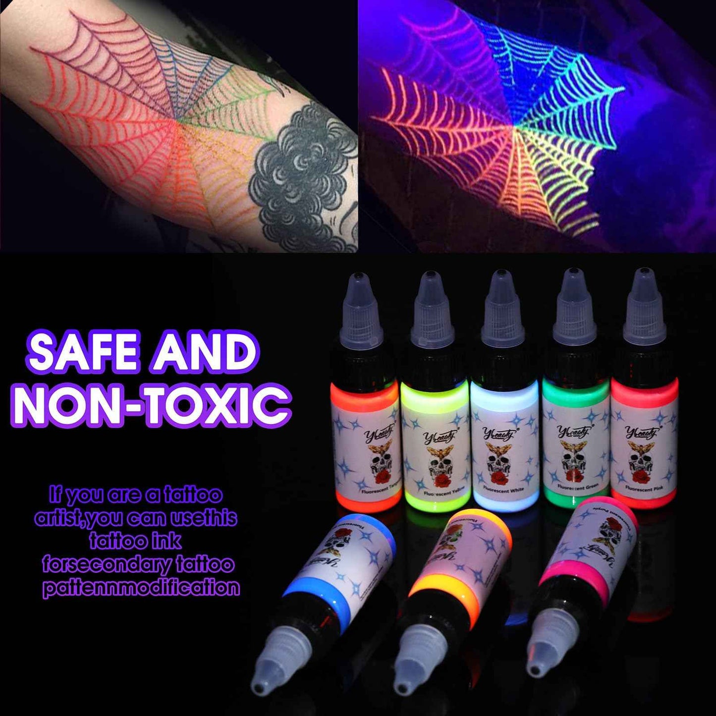 Tattoo Ink Set - Tattoo Inks Pigment Kit, 8 Color 1/2oz 15ml/Bottle Professional Tattoo Fluorescent Ink & Tattoo Equipment for Halloween Supplies (1/2 oz(15ml), 8Color)