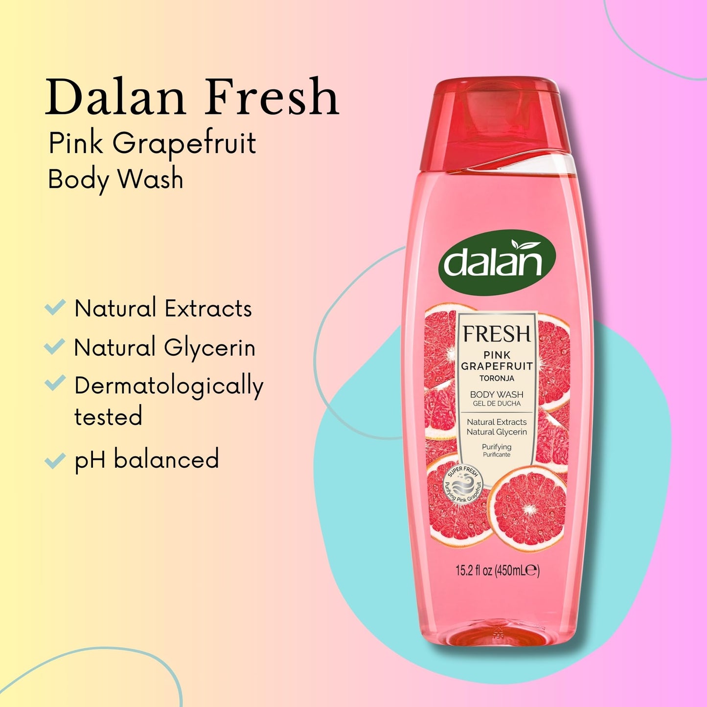 Dalan Natural Extracts Body Wash, with Fresh Pink Grapefruit & Aloe Vera & Sea Minerals, 15.2 fl oz (1 Pack, Grapefruit)