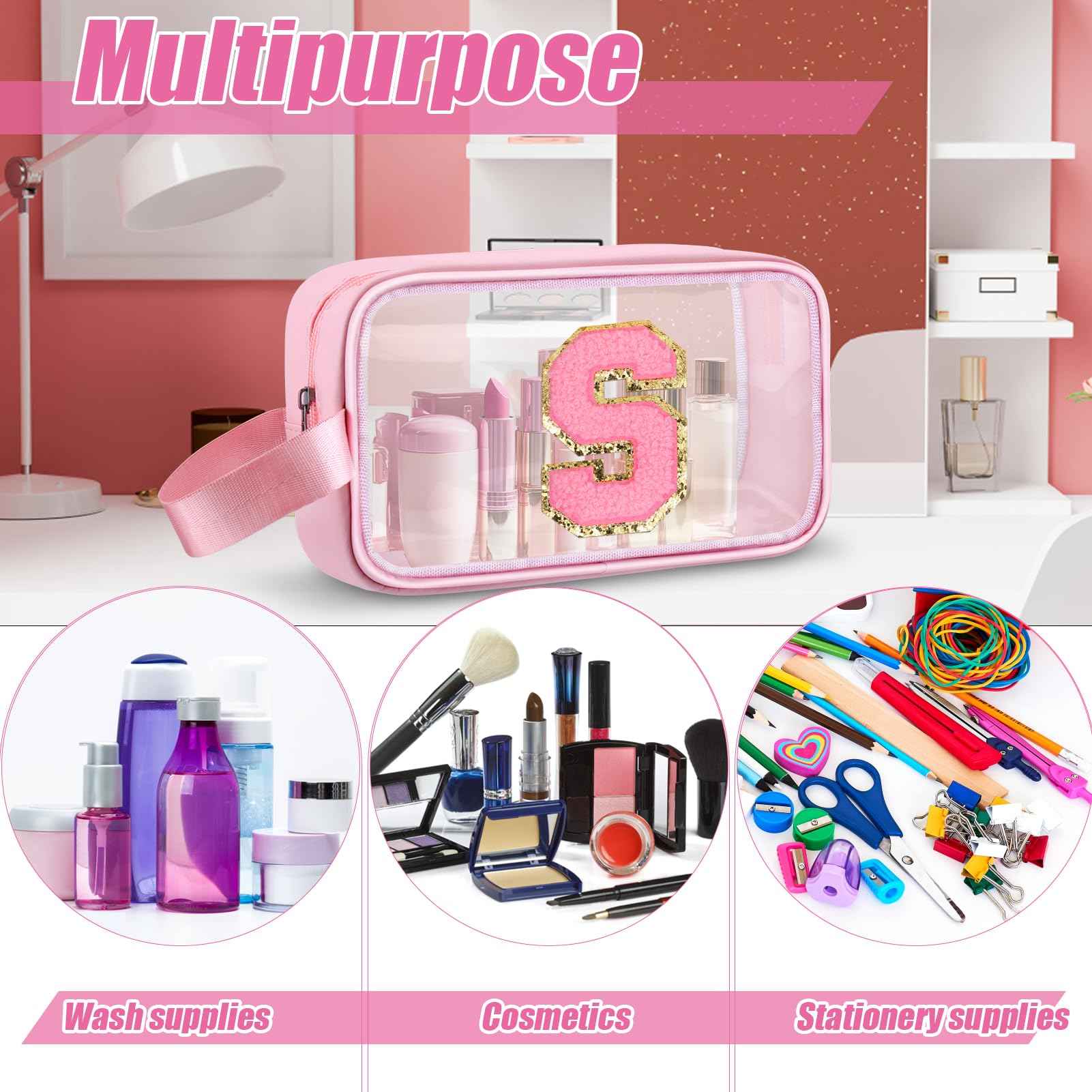 Vodolo Initial Makeup Bag,Letter S Cute Clear Monogrammed Cosmetic Travel Bag for Womens Girls,Personalized Pink Aesthetic Traveling Make Up Organizer Bag for Beach,Waterproof Toiletry Bag