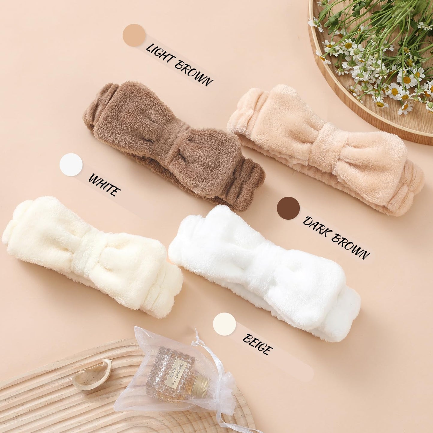 VITEVER 4 Pack Spa Headband for Washing Face, Girls Makeup Bow Tie Hair Band, Microfiber Women Headbands, Elastic Headband to Wash Face Skincare, Girl Gift-Dark Brown, Light Brown, Beige, White