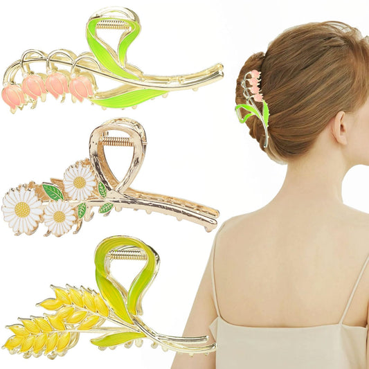 Tulip Hair Claw Clip Large Metal Flower Hair Claw Clips (Bell Orchid, Little Daisy & Wheat)