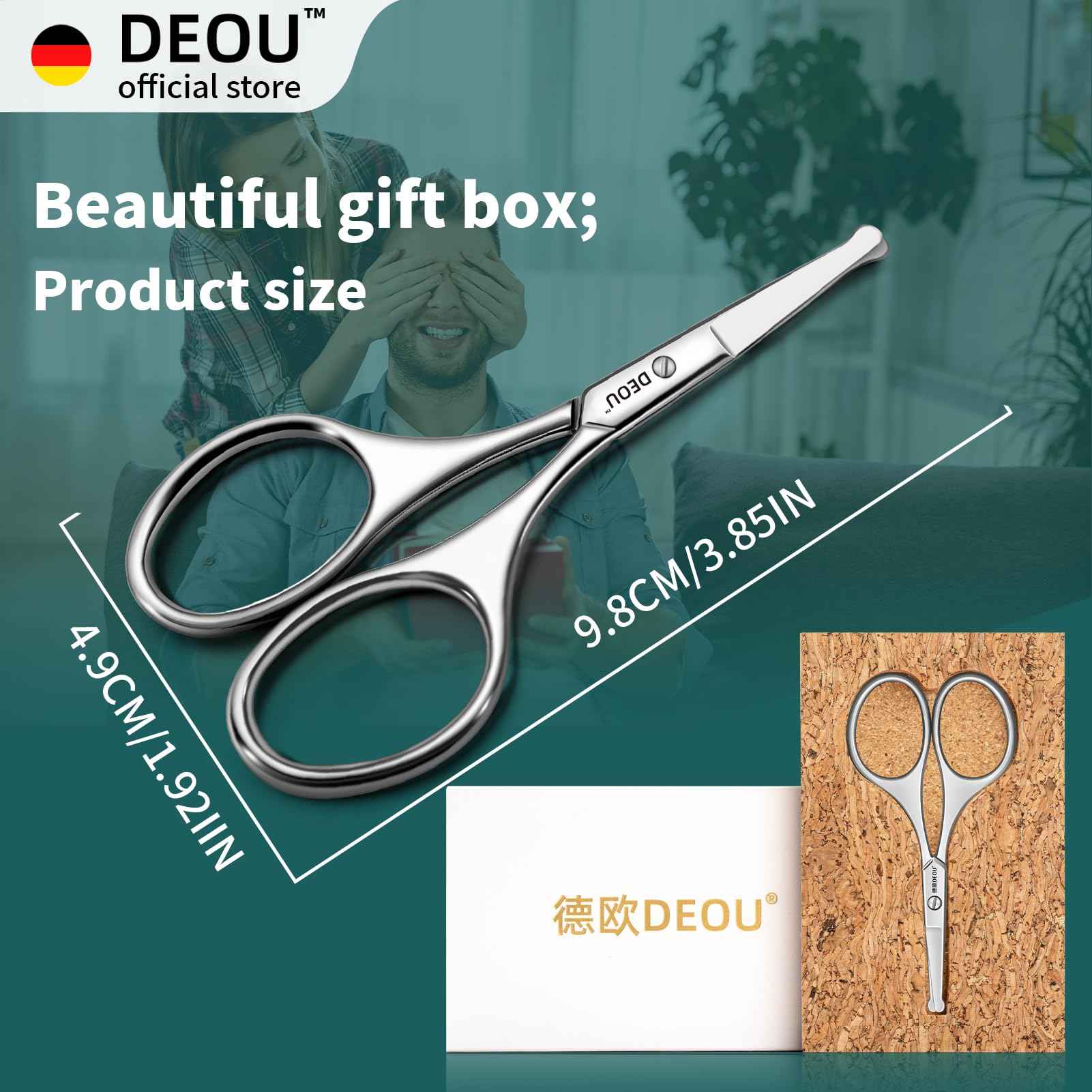 DEOU Silver Stainless Steel Round Nose Safety Scissors - Compact Facial Hair Trimming Tool for Men's Nose, Eyelashes, Eyebrows, Beard & Pet Grooming