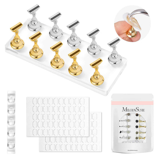 MelodySusie Nail Stand for Press Ons, Big Transparent Acrylic Magnetic Base for Painting Display with Brush Holder and 100 Pcs Reusable Double-Sided Tape for Home DIY Salon Supplies