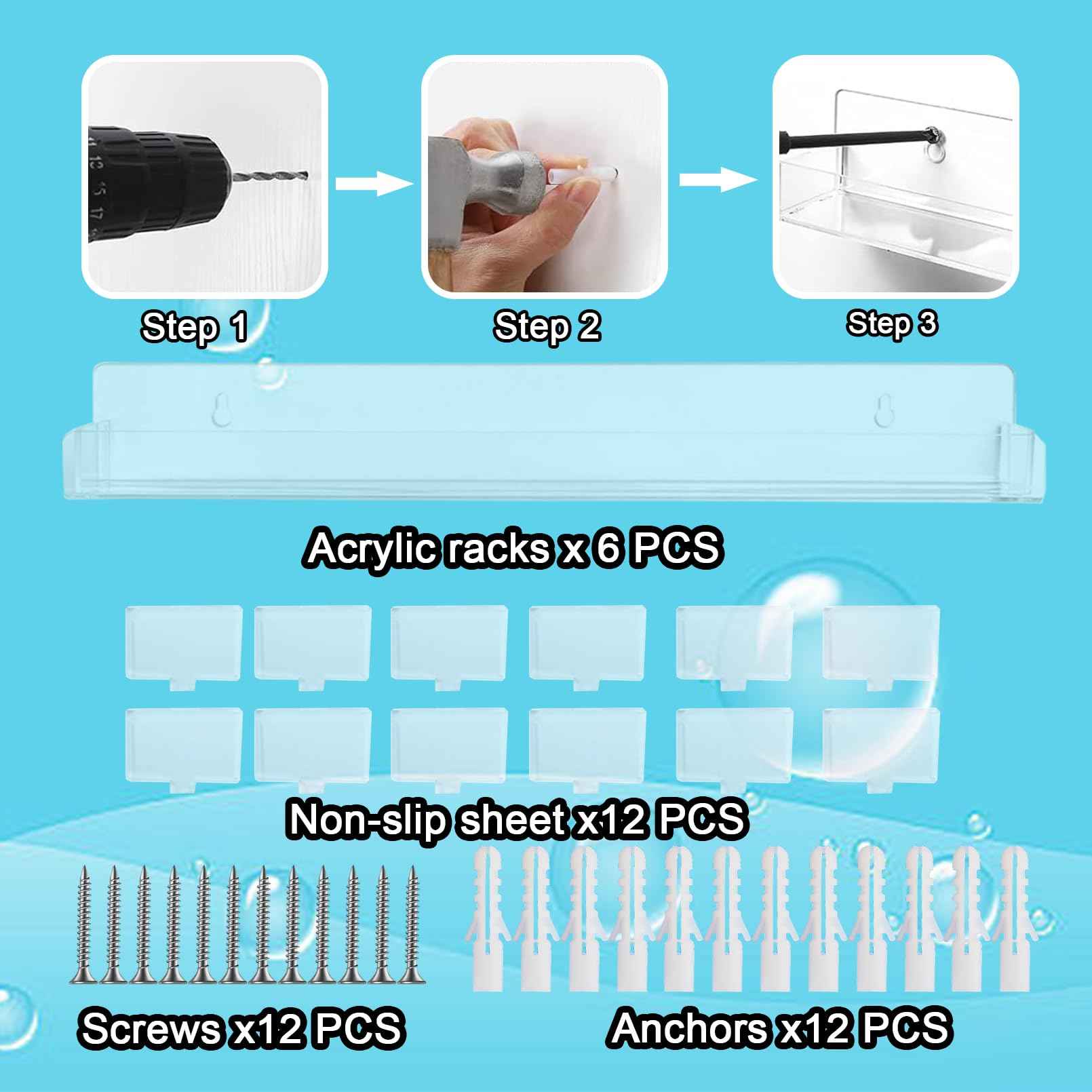 6 Pack Nail Polish Rack, Wall Mounted Organizer Shelf With Removable Anti-slip End Inserts, Clear Acrylic Display Holder for 90 Bottles