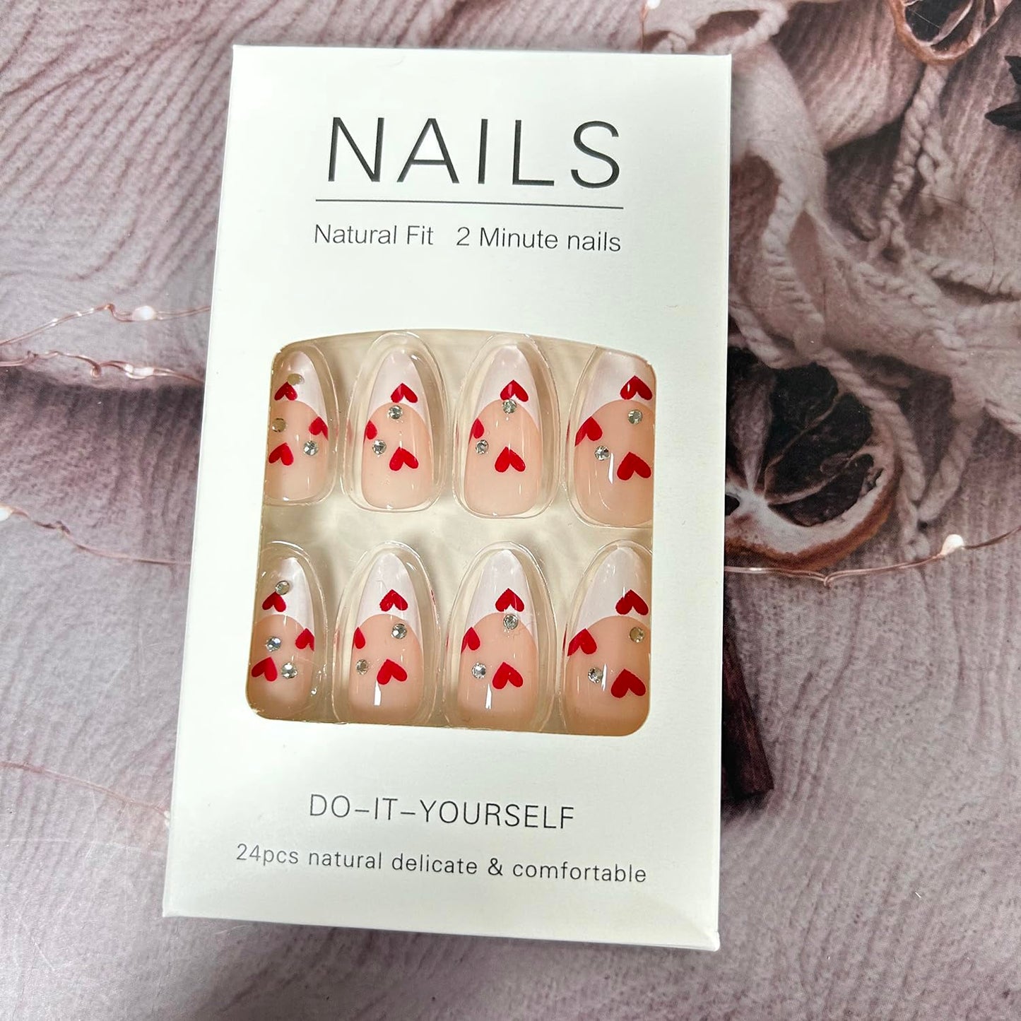 White French Tip Press on Nails Medium Almond Red Love Heart Rhinestones False Nails with Design Valentine's Day Artificial Acrylic Nails Full Cover Reusable Coffin Fake Nails Glue on Nails for Women