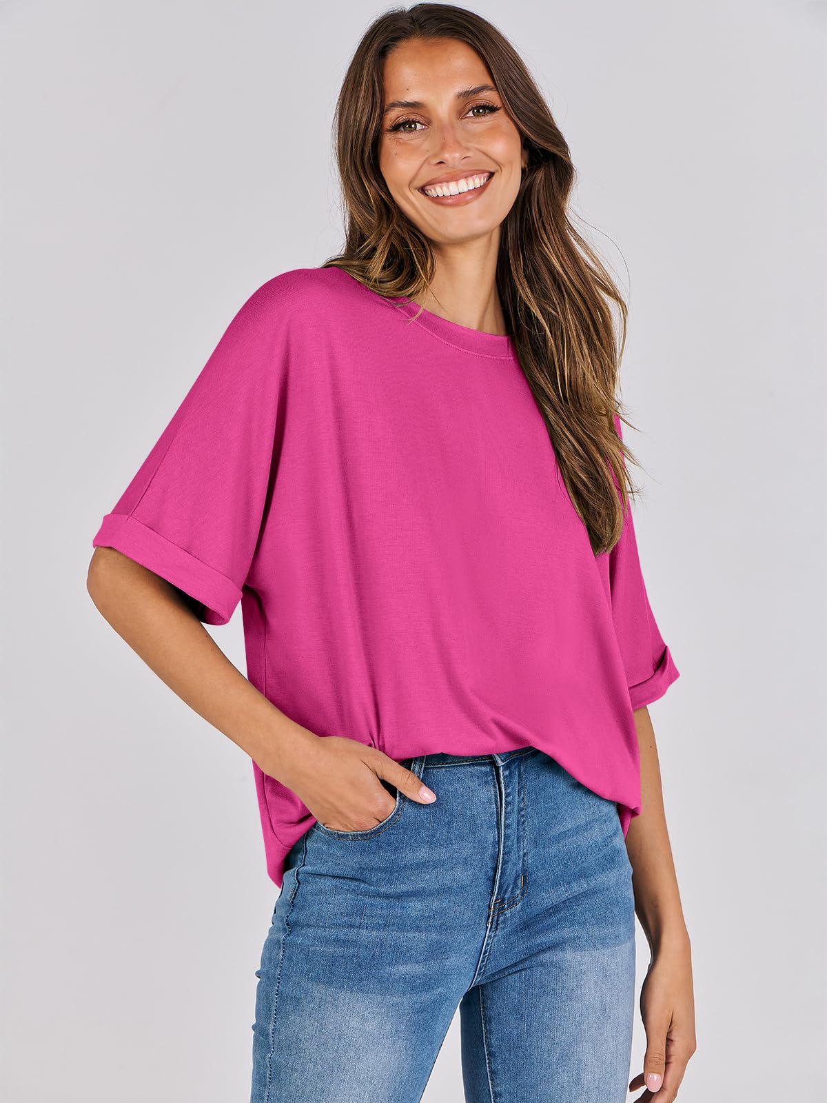 ANRABESS Women's Oversized T Shirts Short Sleeve Crewneck Summer Tops Casual Loose Basic Tee Shirts 2024 Trendy Clothes Hot Pink Small