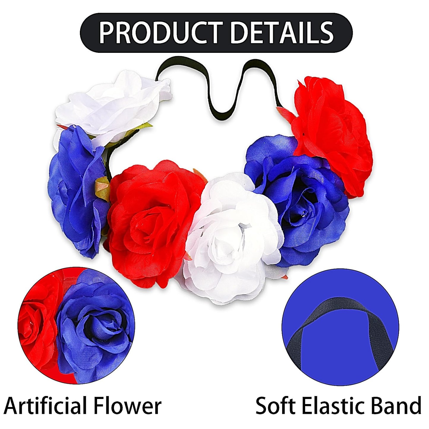 SeBneny Flower Headband Red Blue White Elastic Ribbon 4th of July Hairband for Women Rose patriotic headband National Memorial Day para niña Hair Hoop Floral Crown for Party Supplies 1PCS