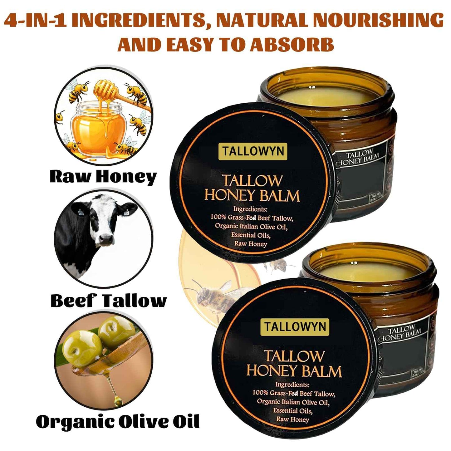 Grass-Fed Beef Tallow Balm with Raw Honey, Beef Tallow and Honey Balm for Face and Body, Natural Soothing Moisturizing, Deep Nourishing, 4.23oz / 120g