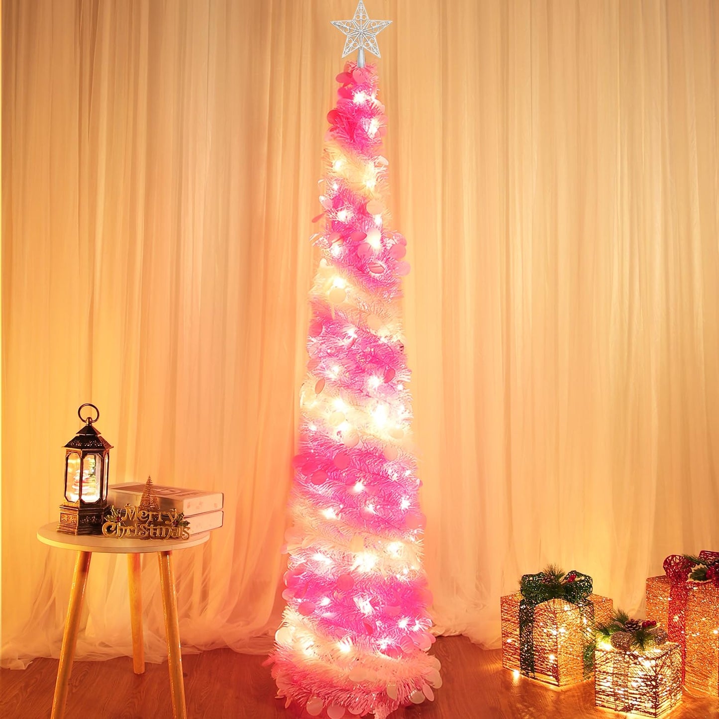 TURNMEON Dual Color Change&Timer 5 Ft Pop Up Christmas Tree, 8 Modes 50 Warm Lights&Colored Lights Star, Glitter Slim Tinsel Pencil Christmas Tree Battery Operated Xmas Tree Indoor Home(Pink White)