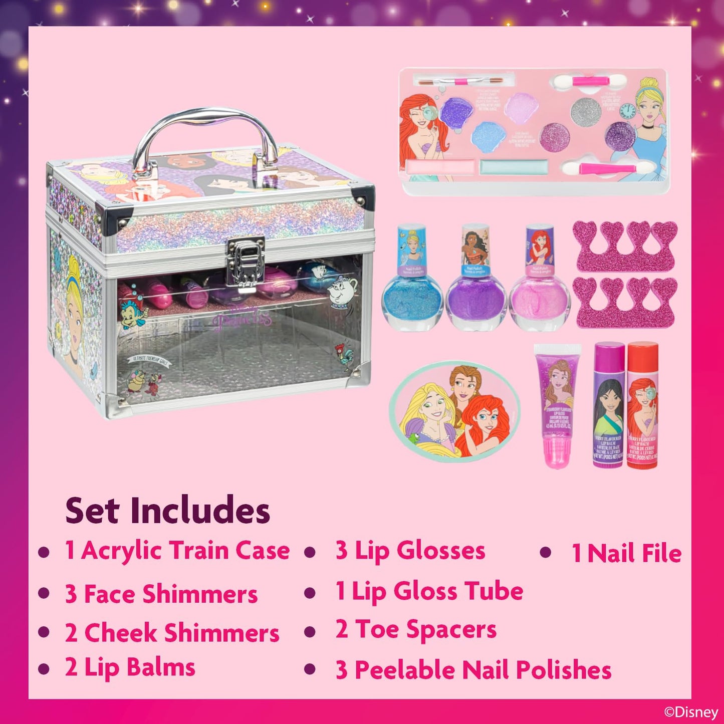 Disney Princess Train Case Girls Beauty Set, Kids Makeup Kit for Girls, Real Washable Toy Makeup Set, Play Makeup, Pretend Play, Party Favor, Birthday, Toys Ages 3 4 5 6 7 8 9 10 11 12