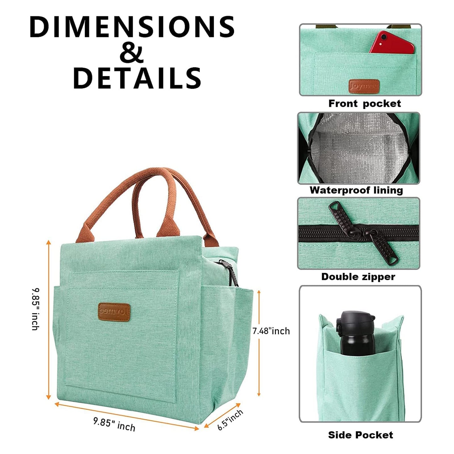 Joymee Lunch Bag Women Insulated Lunch Box Reusable Leakproof Large Spacious Tote for Women Men Adult with Bottle Holder and Side Pockets for Work Picnic Travel - Heather Teal