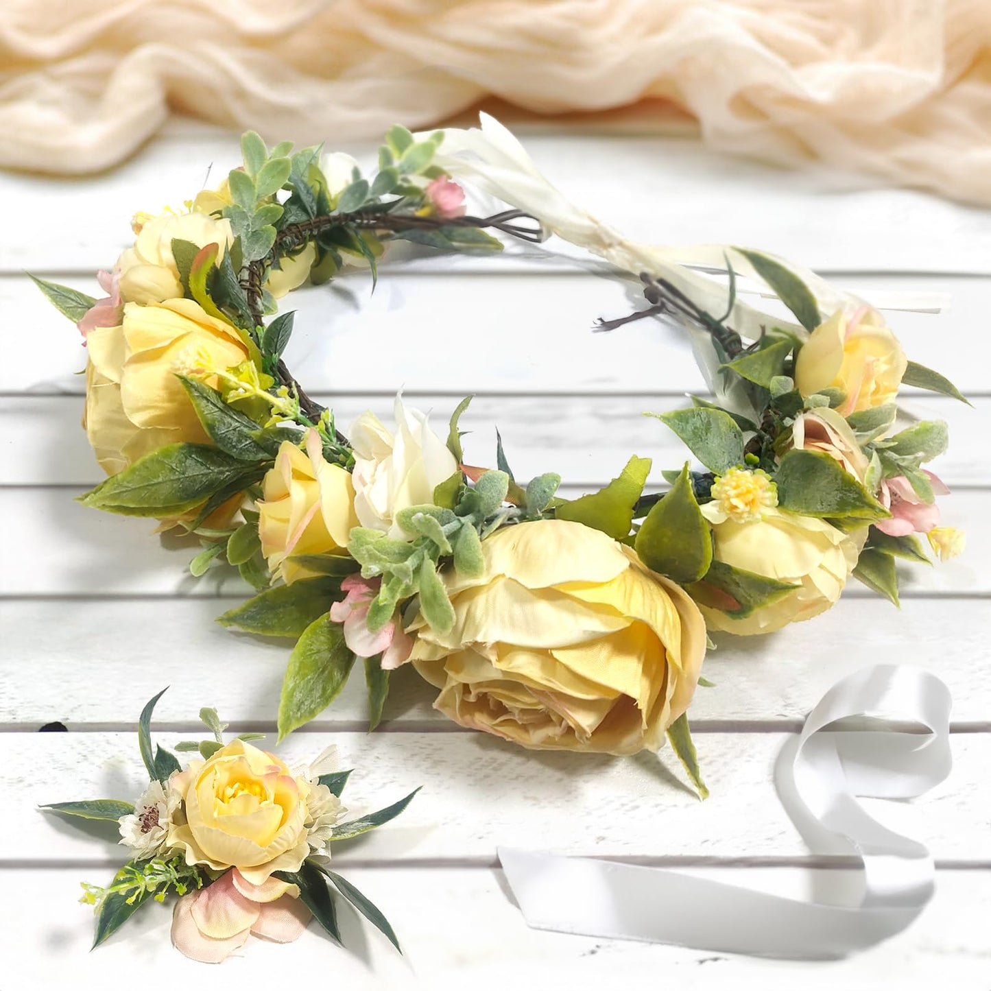 Unicelucky Handmade Flower Crown for Women Maternity PhotoShoot Floral Crown Headband Hair Wreath Flower Garland Headpiece with Ribbon for Wedding Festival Party HEBQH7-P