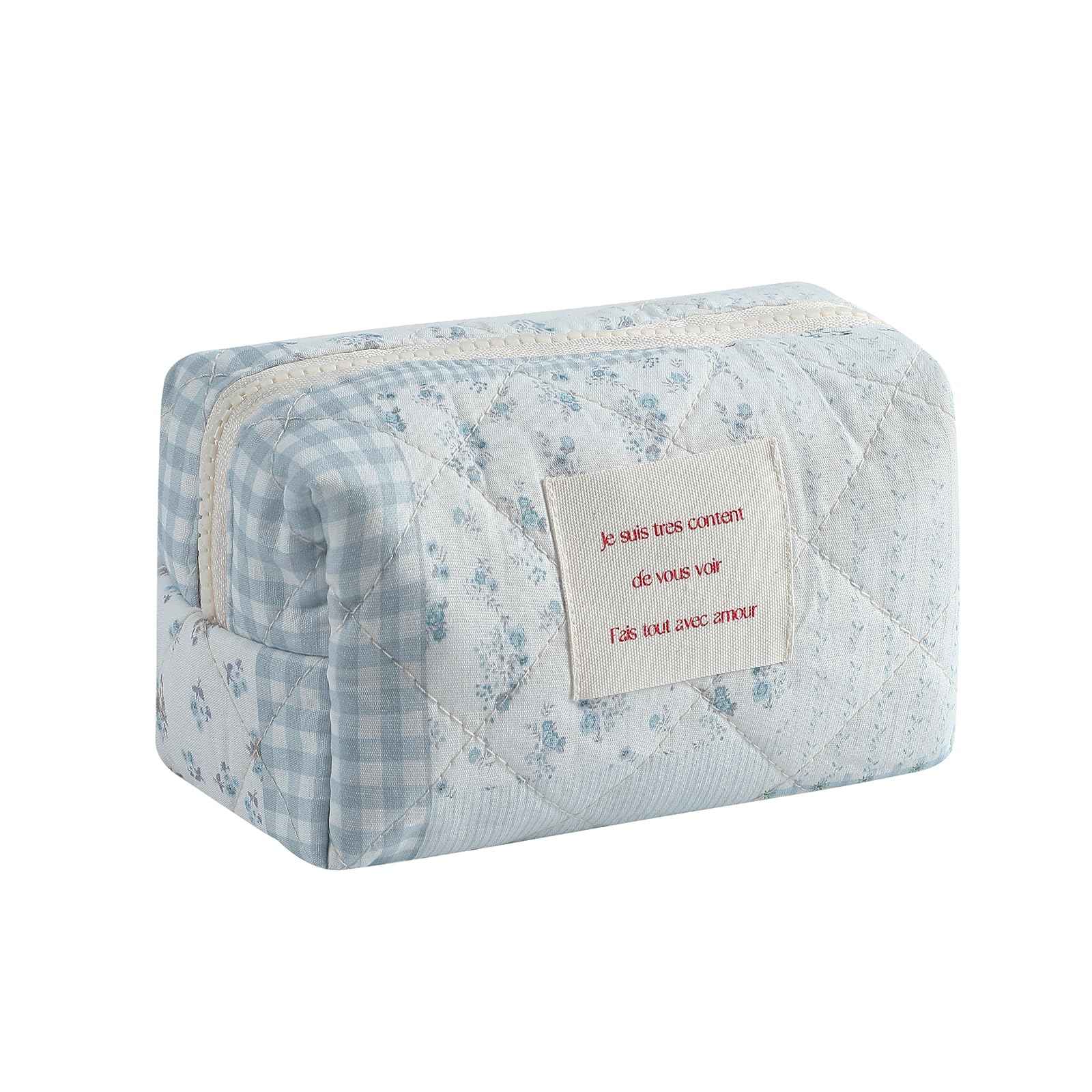 uekeboag Small Cute Floral Quilted Cotton Makeup Bag,Mini Coquette Quilted Cosmetic Pouch with Zipper,Kawaii Travel Toiletry Bags for Purse(01 Blue checked Flower)