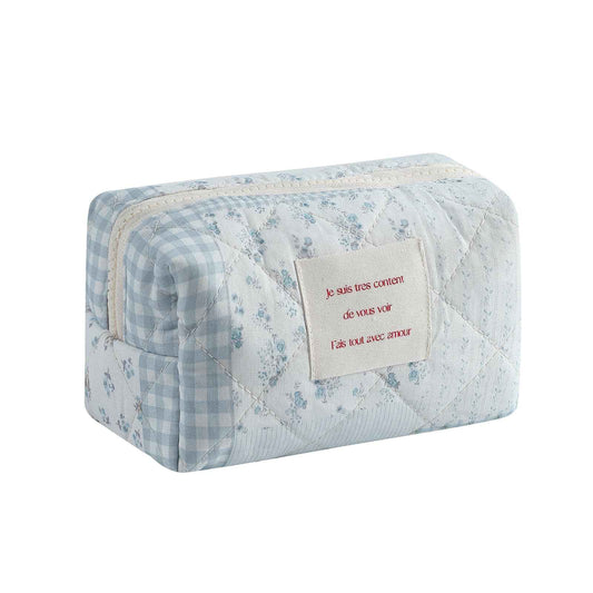 uekeboag Small Cute Floral Quilted Cotton Makeup Bag,Mini Coquette Quilted Cosmetic Pouch with Zipper,Kawaii Travel Toiletry Bags for Purse(01 Blue checked Flower)