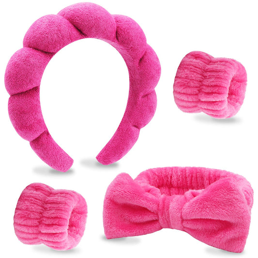 VELSCRUN 4 Pcs Spa Hair Accessories Gift Set - Face Wash & Makeup Headbands, Rose Pink Puffy Sponge Bow Tie Bubble Headband Wristbands for Women & Girls