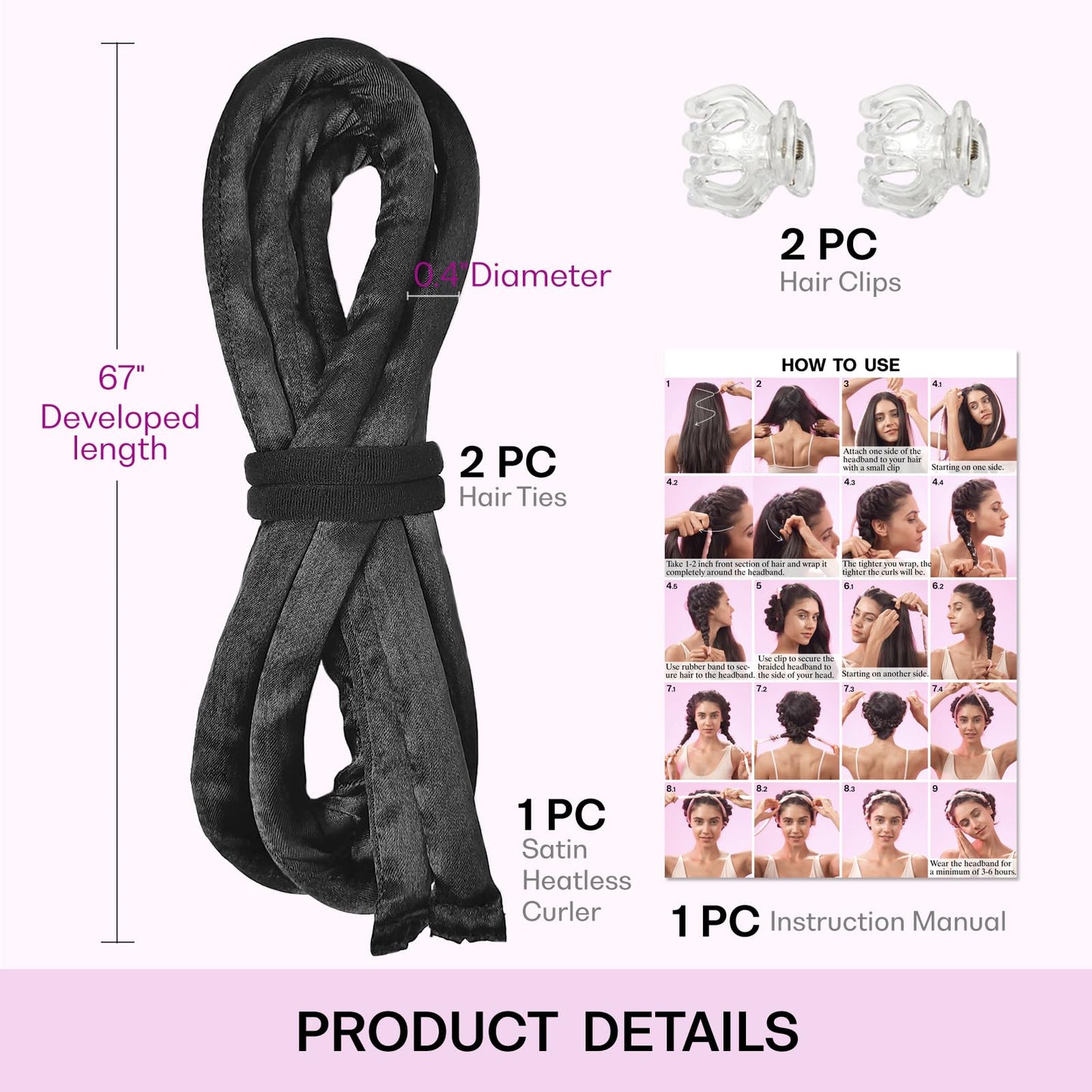 BLINKEEN Thin Heatless Hair Curler, Small Heatless Curls Headband, No Heat Hair Curlers to Sleep In, Overnight Heatless Curling Rod Headband (Black)