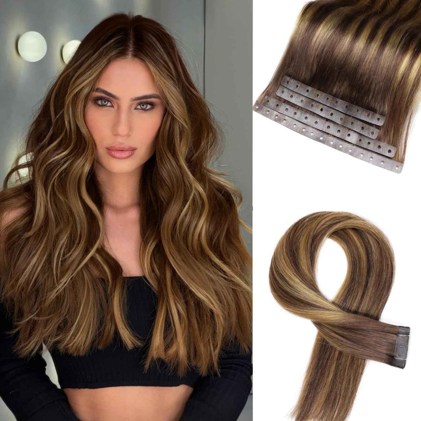 Invisible Weft Hair Extensions Human Hair Pu Skin Weft Micro Link Real Human Hair Seamless T4/27 Balayage Caramel Blonde Human Hair Extensions No Tape In Weft Hair Extensions (35g 4Pcs,16 Inch)