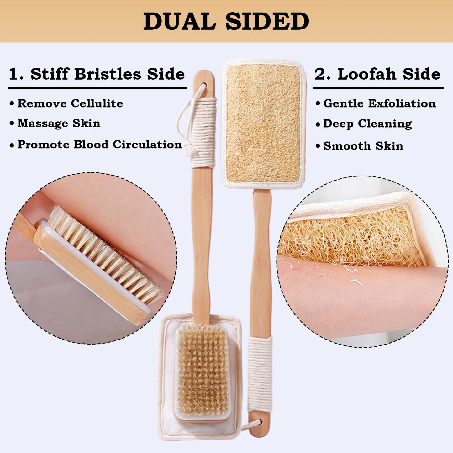 DAKOUDAI Back Scrubber for Shower with Bristles and Loofah, Body Scrubber for Exfoliating and Massage with Curved Long Handle, Wet or Dry Brushing Body Brush (1 x Bristles & Loofah Brush)