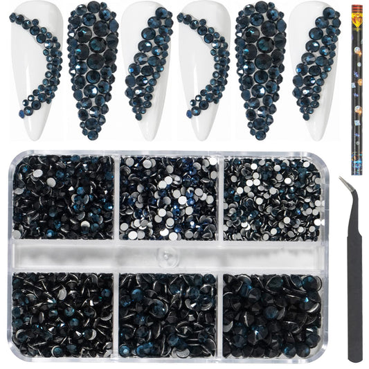 6Grids 3000Pcs Clear Flatback Rhinestones Crafts,Ink Blue Nail Gems Crystals Jewels,Craft Glass Diamonds Stones Bling Rhinestone with Tweezers and Picking Pen for Nail Face Makeup(1.8mm~4mm Crystal)