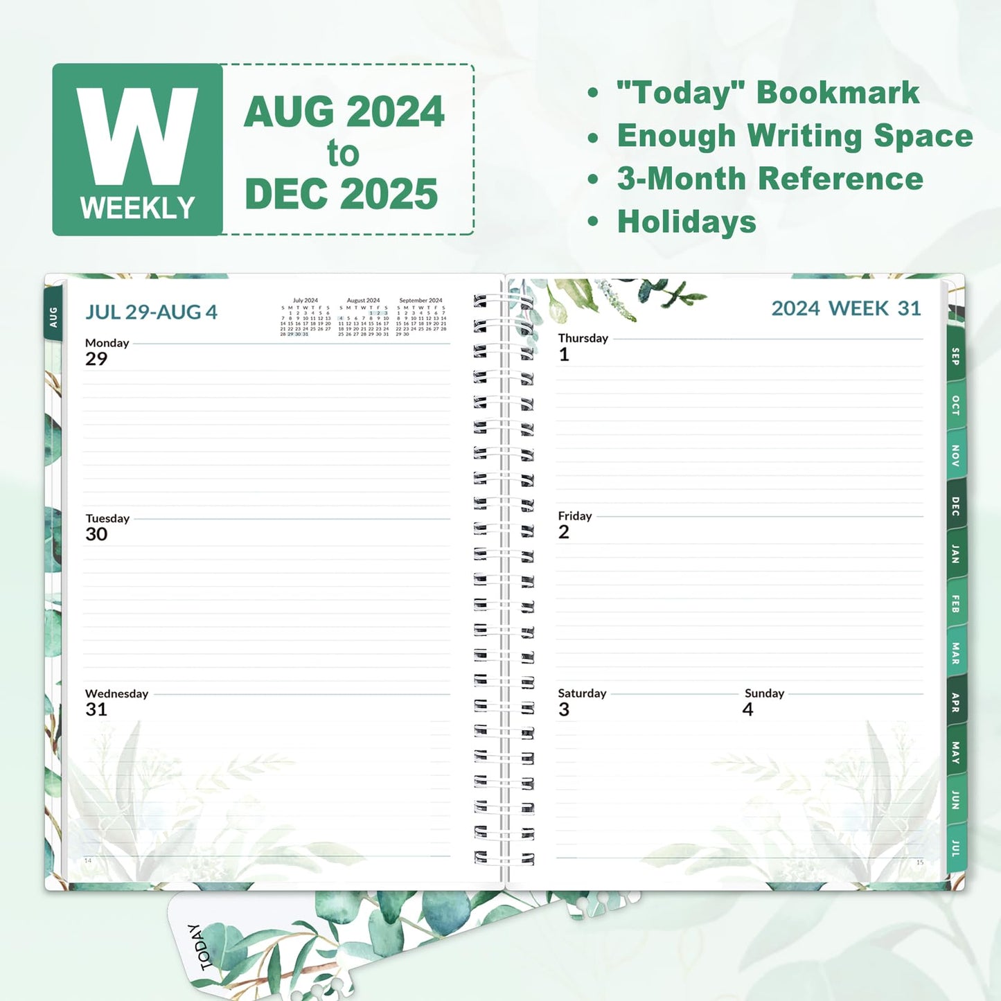 SUNEE Academic Planner 2024-2025 Weekly and Monthly - from August 2024 - December 2025, 6.4"x8.3" School Year Calendar Daily Planner with Monthly Tab, Leaves