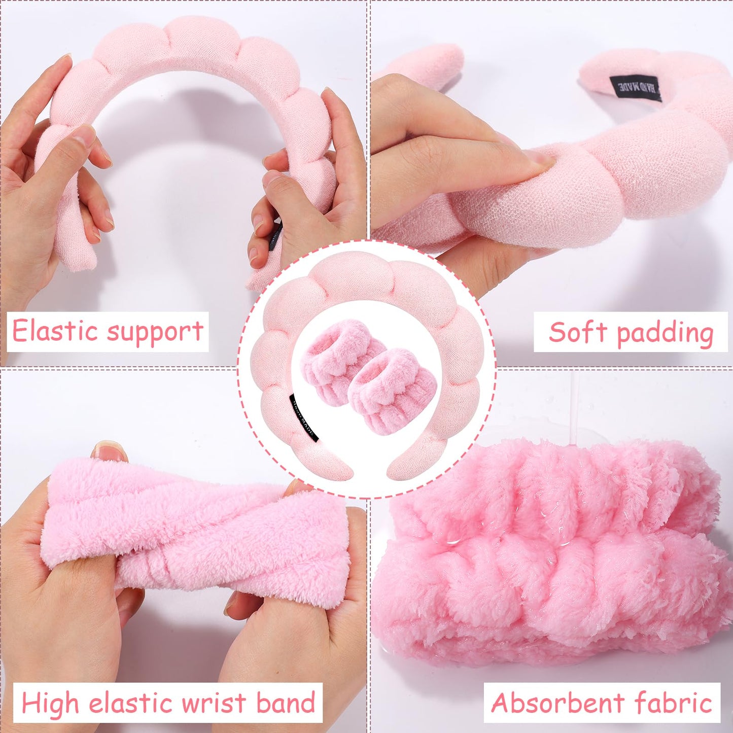 Zkptops Spa Headband for Washing Face Wristband Sponge Makeup Skincare Headband Terry Cloth Bubble Soft Get Ready Hairband for Women Girl Puffy Padded Headwear Non Slip Thick Hair Accessory(Pink)