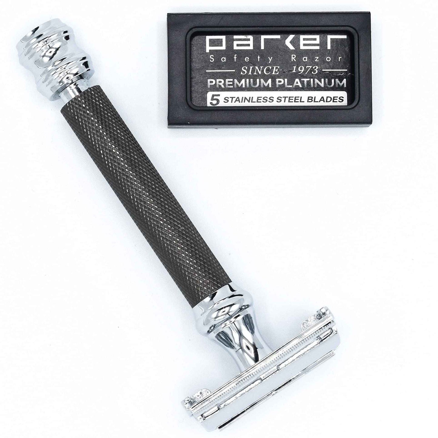 Parker 76R Heavyweight Butterfly Open Safety Razor – Gunmetal Finish with Long Knurled Handle for Precision Wet Shaving