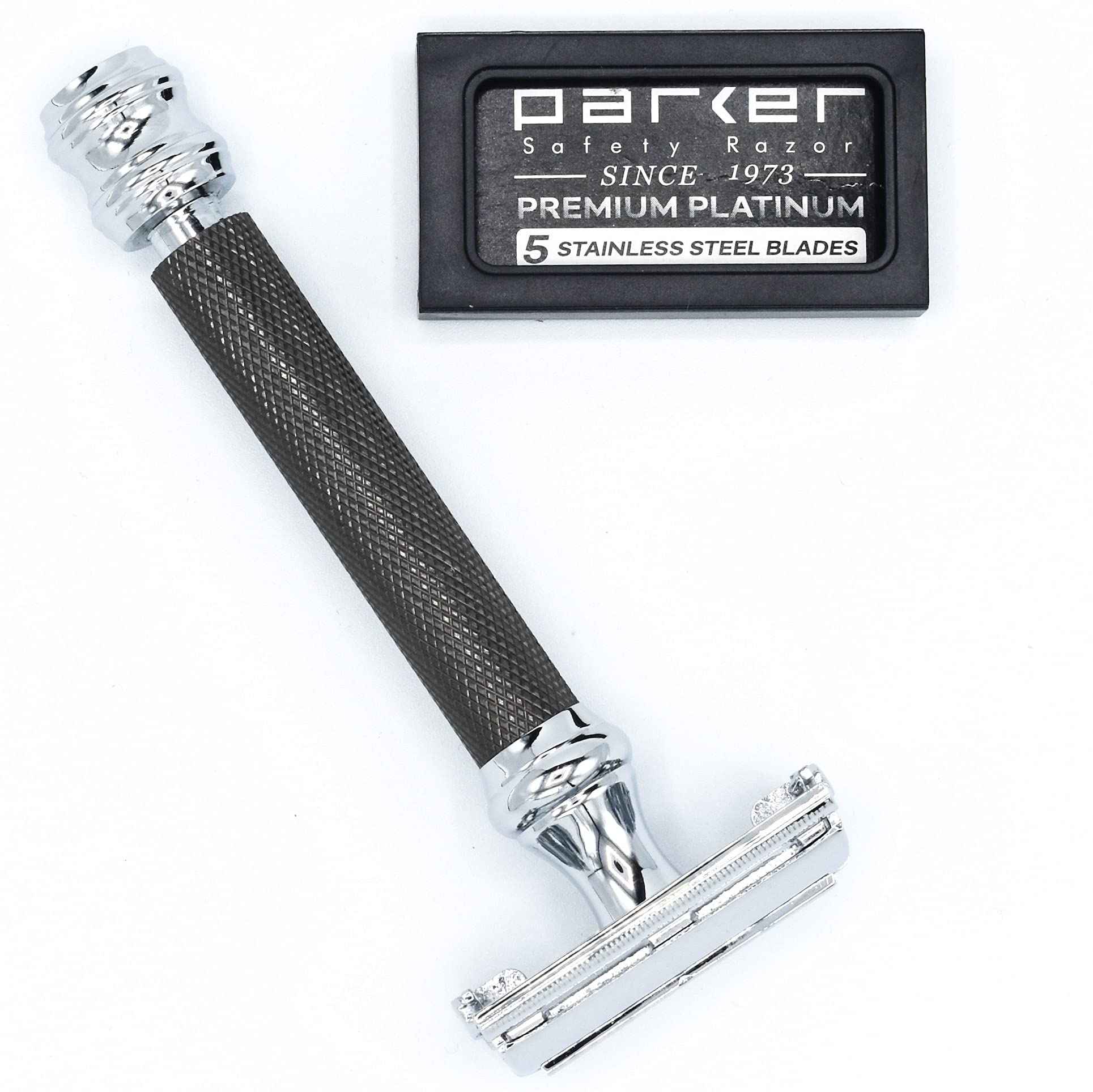 Parker 76R Heavyweight Butterfly Open Safety Razor – Gunmetal Finish with Long Knurled Handle for Precision Wet Shaving