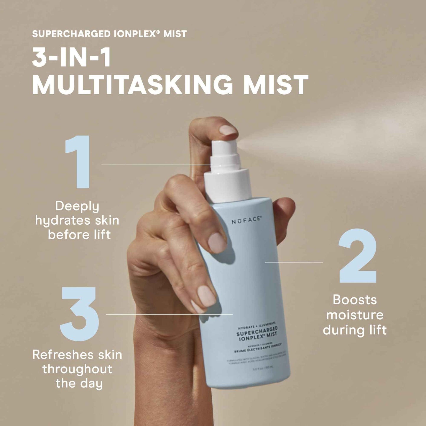 NuFACE Supercharged IonPlex Facial Mist - 3-in-1 Ultra-Fine Hydrating Face Mist & Pore Minimizer with Hyaluronic Acid + IonPlex Technology to Lock in Moisture and Enhance Microcurrent Treatment (5 oz)